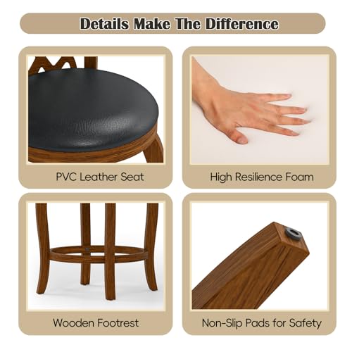 Image of 24 inch Counter Height Swivel Bar Stools Set of 2 for Kitchen Island, Farmhouse Barstool Chair with Back and Footrest, Upholstered Wood Barstools, Brown