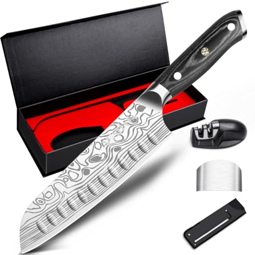 MOSFiATA Santoku Messer 18cm Küchenmesser Scharf Kochmesser aus hochwertigem EN 1.4116 Edelstahl mit Ergonomischer Holzgriff