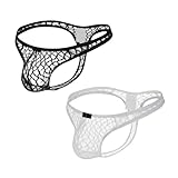 GENEMEN 2PS Herren Spitzen Tanga Sexy T-Shaped Slip Mesh AtmungsaktiverUnterwäsche Netz Floral Thongs (Weiß Schwarz, L)
