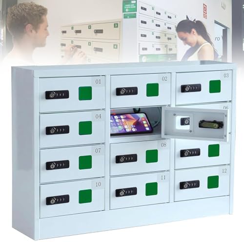 Cell Phone Locker Cabinet, Mobile Phone Charging Station with 3 Charging Ports, Wall-Mounted Locking for Office and Classroom, 12 Slots,