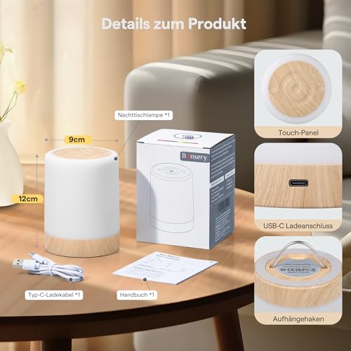 Bonsery Nachttischlampe Touch Dimmbar 256 Farben & 3 Modi, Stilllicht ohne Kabel mit Timing & Memory, LED Touch Lampe Nachtlampe USB Aufladbar mit Hook für Wohnzimmer Kinderzimmer Camping