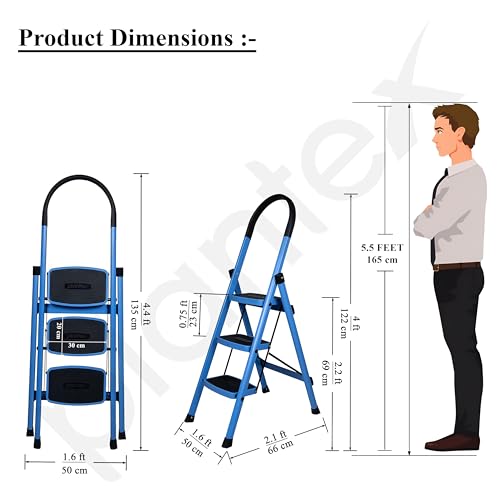 Image of Plantex Premium 3 Step Steel Ladder for Home /Heavy Duty Foldable Stool with Wide Anti-Skid Steps /Portable Multipurpose Ladder /5 Year Warranty (Blue & Black)