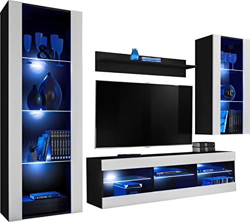 ExtremeFurniture Open SET4 Meuble TV, Carcasse en Noir Mat/Façade en Blanc Mat + LED Bleues Cover
