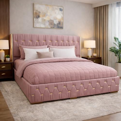 Image of Royal Aura Upholstered Queen Size Bed with Box Storage for Bedroom | Elegant Wooden Double Bed with Storage | Platform Cot Palang with Tufted Headboard | 6.5 x 5 Ft | Sheesham Wood | Pink