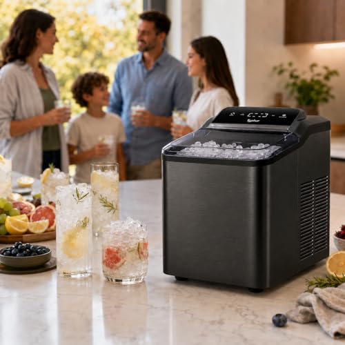 Image of Typhur Fast Nugget Ice Maker Countertop, Chewable Pebble & Pellet Ice Machine with Self-Cleaning Pump & 8-Pack Cleaners, 35lbs /24H Crushed Ice for Kitchen, Bar, RV, Outdoor (Black Stainless Steel)
