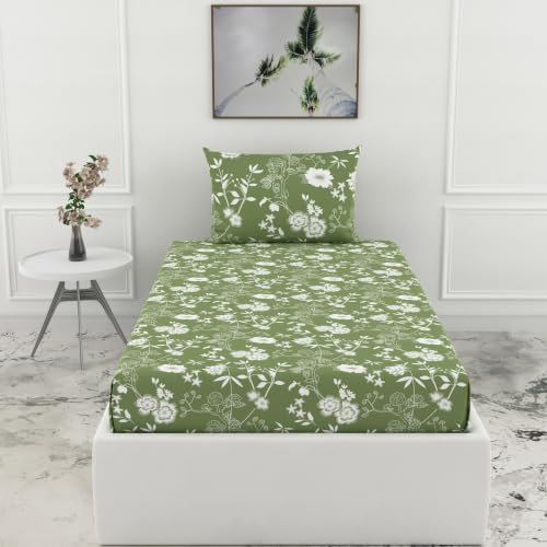 Image of LORETO - A QUALITY LINEN BRAND 144 TC 100% Pure Cotton Single Fitted Bedsheet with 1 Pillow Cover for 72 x 36 Inch Mattress, All-Around Elastic, 8 Inch Deep Pocket, Olive Green Floral Whisper