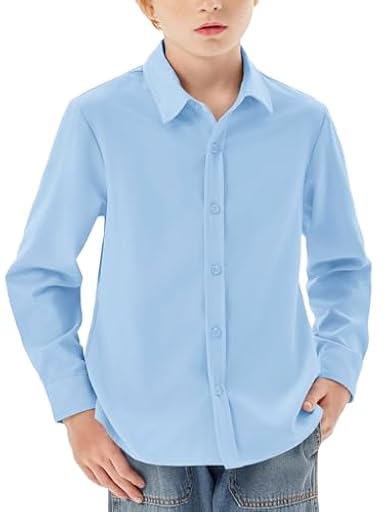 Haloumoning - Camisa de manga larga para niños, con botones, ajuste regular, casual, para ocio, fiesta, escolar, de un solo color, fácil de planchar, uniforme escolar formal, parte de arriba, azul | Ya disponible en tu tienda friki favorita! En mundofriki.es!