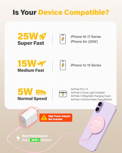 Image of 25W Wireless Charger for MagSafe, Magnetic Fast Charging Pad for iPhone 17 /16 /15 /14 /13 /12 Series&AirPods,Strong Magnet,Portable Wireless Charger for Travel Home Office (Pink, 4ft)