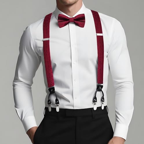 Image of Dubulle Suspender and Bow Tie for Men Paisley Solid Mens Suit Braces Pretied Bowtie and Handkerchief Cufflinks Formal Wedding