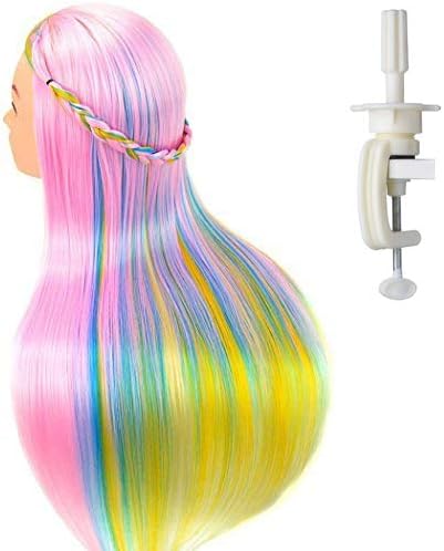 24" Cosmetology Mannequin Head 100% Synthetic Hair Rainbow Color, Practice Training Hair Styling Mannequin Head with Table Clamp Holder