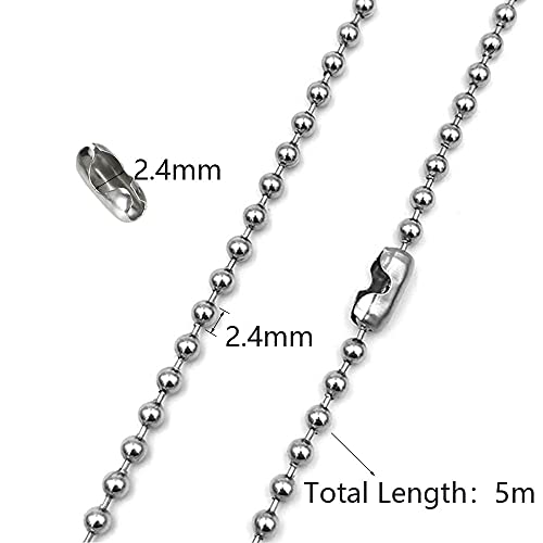 Gotetiso Kugelkette 5 Meter Lnge 2,4mm Durchmesser Stöpselketten Edelstahlkette Kugelkette Edelstahl Schloss Halskette Edelstahl Ketten mit 20 Passenden Anschlüssen für Halsketten Silber
