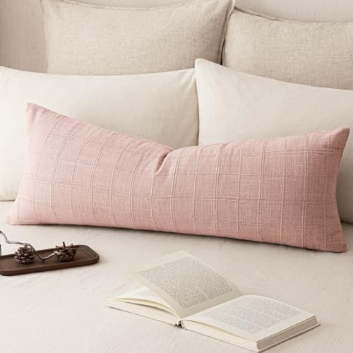Image of Foindtower Set of 1 Decorative Linen Check Throw Pillow Cover Neutral Long Body Lumbar Cushion Cover Farmhouse Vintage Home Decor for Sofa Chair Couch Bedroom Living Room,14x36 Inch,Light Pink