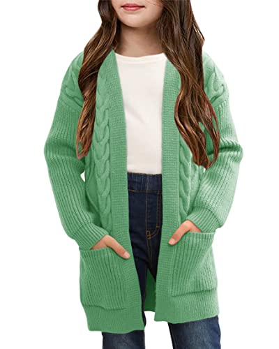 Image of Ermonn Girls Kids Open Front Cardigans Sweaters Long Sleeve Knit Cute Sweater Outwears with Pockets for 5-14 Years Green