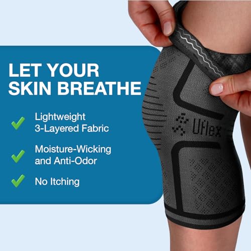 Image of UFlex Athletics Knee Compression Sleeve Support for Women and Men - Knee Brace for Pain Relief, Fitness, Weightlifting, Hiking, Sports - Black,Medium