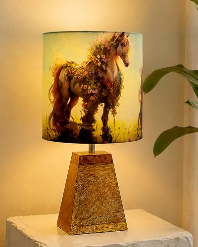 Image of Homesake Wooden Base Pyramid Table Lamp, Lamps for Living Room, Bedside Night Lamp, Lamp for Bedroom Decoration, Modern Home Decorative Light, Desk Lamp,Study Lamp, Home Decor, Floral Horse Shade