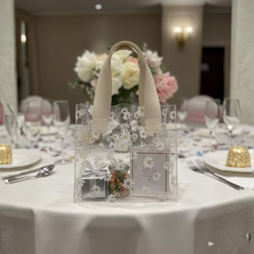 Image of SATYAM KRAFT 6 Pcs Transparent Gift Bags with Floral Print & Leather Handle | Gift Bags for Her /Him Wedding Return Gifts Valentine's Day Christmas Birthday Events-Festivals Shopping Bag Beige(18x20)CM