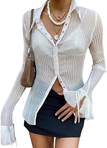 Women Sheer Button Up Blouse Sexy Collared Shirts Mesh Flare Sleeve Crop  Top Y2k Vintage Streetwear, C1 White, Small : Amazon.sg: Fashion