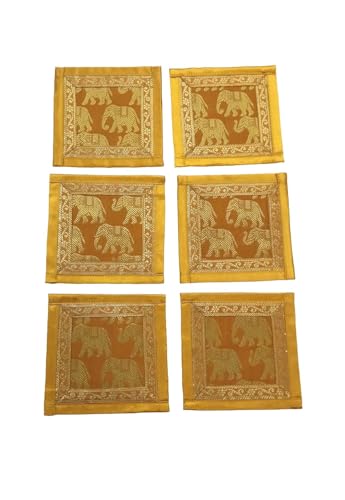 Image of Diwali Room Decor Silk Table Runner Placemats Tea Coaster Set for Living Room 4 to 6 Seater Dinning Table Table Mat Set Centre Table Top Decor Pack of 13 Pcs (Mustard Yellow)