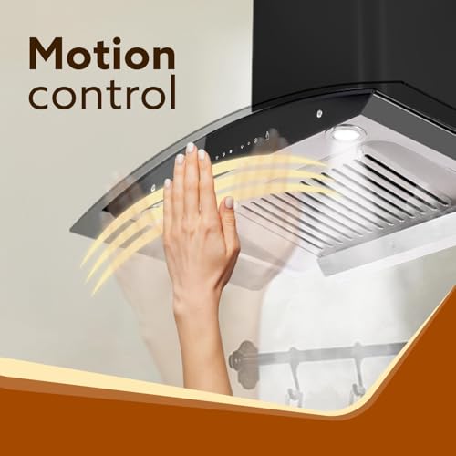 Image of AGARO Grand Kitchen Chimney 90 cm 1200 m3 /hr Auto-Clean curved glass Kitchen Hood, SS Baffle Filter, Touch and Motion Sensor Control and Digital Display, Black