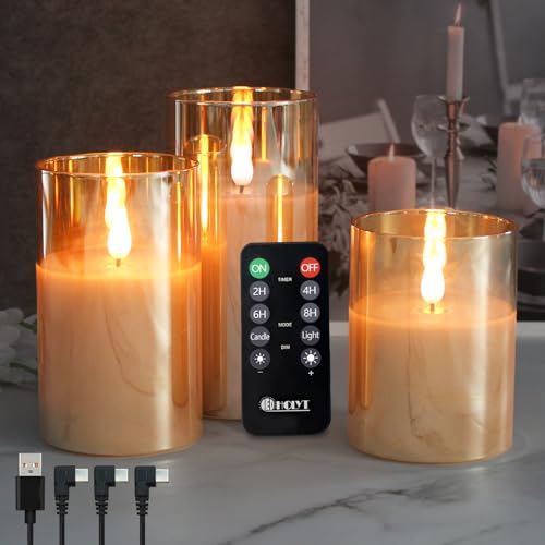 LEDHOLYT Rechargeable Flameless Candle, Flashing LED Pillar Real Wax Candle with Remote Control and Timer, Upgraded Teardrop Wick, Gold Glass Electronic Candle, 1 Set of 3