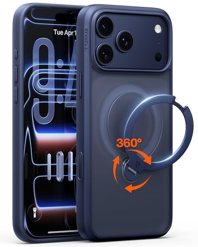 Image of TORRAS Luxury 360 Click-Lock Rotating Stand Case for iPhone 17 Pro | Mil-Grade Protection Cover | Fit for MagSafe | Camera Control | Premium Imported | Flagship Ostand Q3 Spin 6.3'' Deep Blue