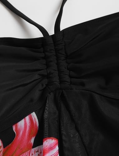 Image of ZAFUL Women 3 Piece Bikini with Cover Up Skirt Halter Bandeau Swimsuit Floral Tie Side Cheeky Bathing Suit