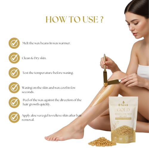 Image of Eleve Brazilian Wax Beans For Women | Liposoluble Stripless /No-Strips Waxing At Home For Brazilian Bikini, Face, Eyebrows, Upper-Lips, Chin, Underarms (Gold) (100g)