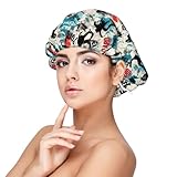 Seidenmütze für Damen und Herren, Schlaf, verstellbar, elastisch, Graffiti-Muster, Satin-Mütze zum Schlafen, weich und bequem, lockiges Haar aus Satin zum Schlafen, Schwarz