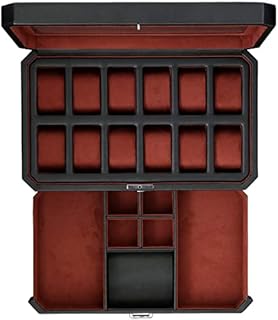 Watch Box with Valet Drawer for Men - 12 Slot Luxury Watch Case Display Organizer, Microsuede Liner, Locking Mens Jewelry Watches Holder, Men's Storage Boxes Holder Large Glass Top (Black / Red)