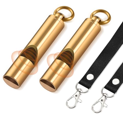 Brass Emergency Whistles 2 Pack with Tangle-Free Lanyard – Pealess Safety Whistle Survival Loud Blast for Kayak Life Vest, Boating, Camping Hiking, Hunting, Adults