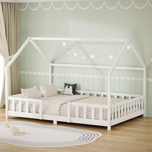 ML-Design Lit Cabane Enfant 140x200 cm Blanc en Bois, Protection Étendue Anti-Chute, Toit et Sommier à Lattes Contreplaqué, Style Maison, Couchage...