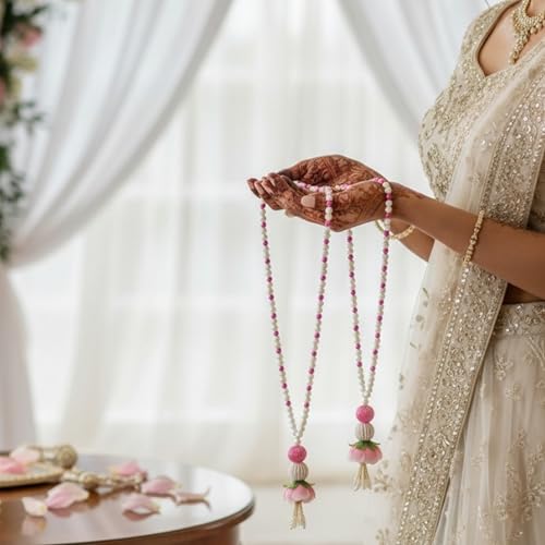 Image of Rajasthan Kraft Pack of 2 Welcome Mala (22 Inch) - Elegant Pearl & Magenta Bead Garland with Floral Tassel for Weddings, Festivals, and Traditional Ceremonies (WM-01)