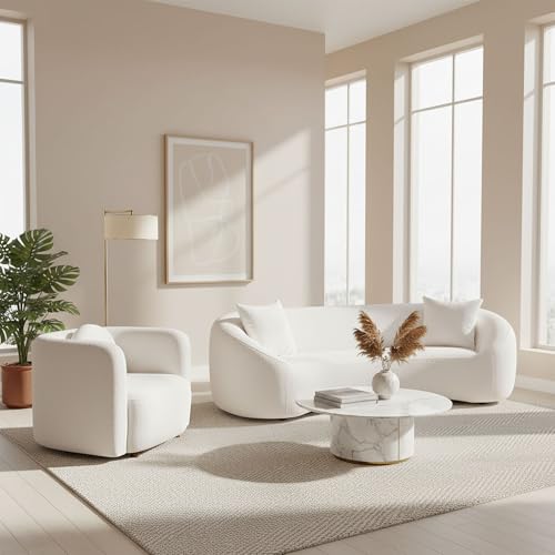 Image of Modern Sofa Set of 2 Piece Couch Set Upholstered Boucle Fabric 3-Seat Minimalist Curved Sofa and Oversized Sofas Chair Solid Wood Frame Tight Curved Back Cloud Couch and Chair Set for Living Room Home