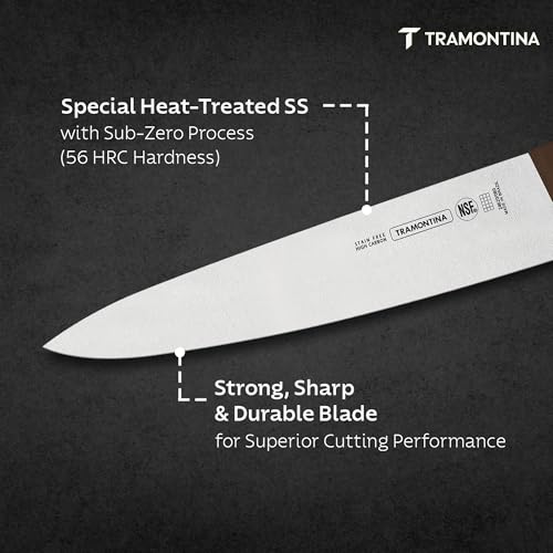 Image of TRAMONTINA Professional Chef Knife 25 cm | Sub-Zero Treated Stainless Steel Blade | Antimicrobial Polypropylene Handle | Heavy-Duty Meat Cutting & Butcher Knife | Brown