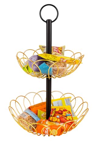 Image of 2 Tier Fruit Basket for Dining Table | Metal Wire Storage Basket Stand for Fruits, Vegetables, Snacks & Bread | Multipurpose Kitchen Countertop Organizer with Handle | Gold & Black