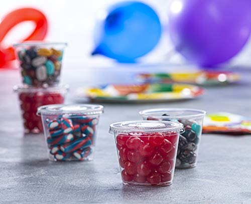 Image of Clear Disposable Plastic Portion Cups With Lids (100 Sets - 5.5 Oz) - Condiment, Sauce /Dip /Dressing, Souffle & Jello Shot Cups for Thanksgiving