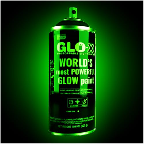GLO-X Green Glow in the Dark Spray Paint Long Lasting Acrylic Glow Paint for Halloween Fishing Lures Rod Tips Helmets Safety Signs Camping Art & DIY Projects 300g
