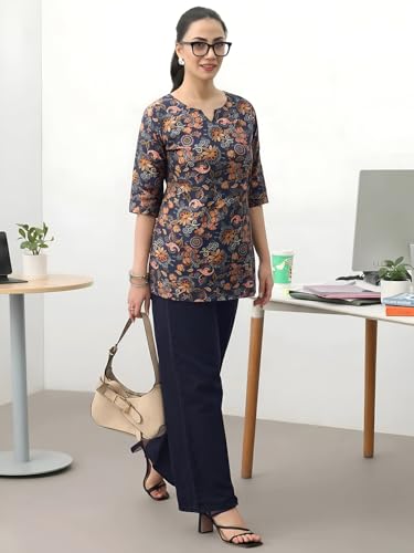 Image of Pinkmint Women's Cotton Blend Printed Short Kurti, Hip-Length Ethnic Tunic for Women, 3 /4 Sleeve Notch Neck, Casual, Office (Available in Plus Sizes & Combo Pack 2)