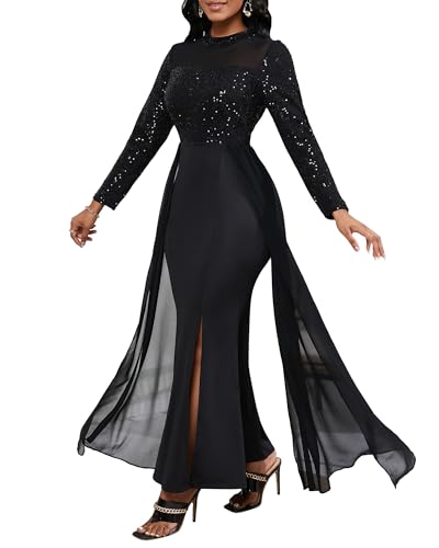 VERWIN Damen Bodycon Pailletten Kleid Mesh Chiffon Schulter Maxikleid Seitenschlitz Patchwork Overlay Kleid, Schwarz, Groß