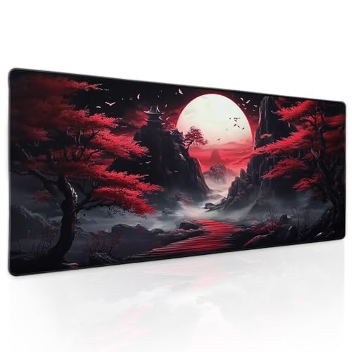Image of Black Red Japanese Mouse Pad XL Moon Sakura Cherry BLoosm Tree Extended Table Mat 80X30 cm Non-Slip Rubber Base Stitched Edge Large XL Mousepad for Desk Gaming Laptop Desk Top,31.5x11.8 Inch