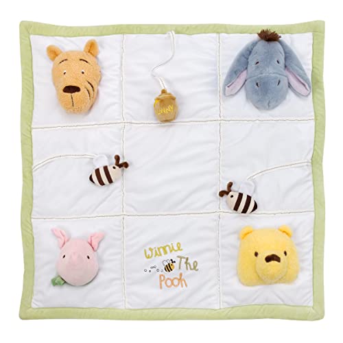 Image of Disney Classic Winnie The Pooh Green and White, Hunny Pot and Bee's, Piglet, Tigger and Eeyore Tummy Time Play Mat - Squeaker, Crinkles and Chimes