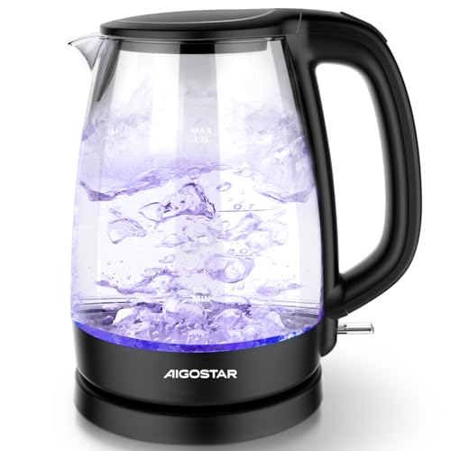 Aigostar Glass Electric Kettle with Brilliant Boil LED - 2200W Fast Boiling, 1.7L BPA-Free, Borosilicate Glass & Auto Shut-Off, Boil-Dry Protection, Black
