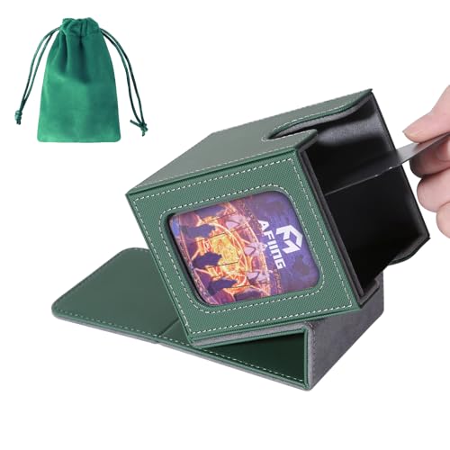 Image of AFIING MTG Deck Box for Commander Display,Card Deck Box Fits 100 Double Sleeved Cards, Magic Commander TCG Card Storage case with 2 Dividers,Dice Bag and 1 Toploader(Green /Grey)