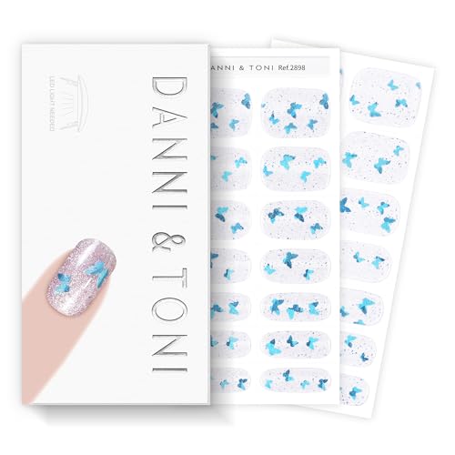 DANNI & TONI Semi Cured Gel Nail Strips Butterfly Blue Glitter Gel Nail Wraps 28 Stickers | Glowing Flutter