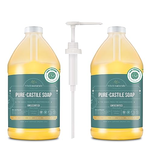 Image of WHOLENATURALS Pure Castile Soap Liquid, EWG Verified & Certified Palm Oil Free Unscented, Natural, Mild & Gentle Non-gmo & Vegan - Organic Body Wash, Laundry, Pet/Dog and Baby Soap -Pack of 2 w/pump