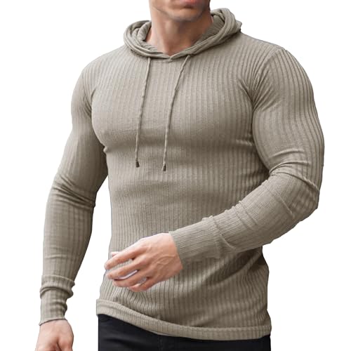 Maiyifu-GJ Men's Muscle Long Sleeve Hoodies Stretch Long Sleeve Hooded Sweatshirt Fashion Lightweight Ribbed Gym Shirt