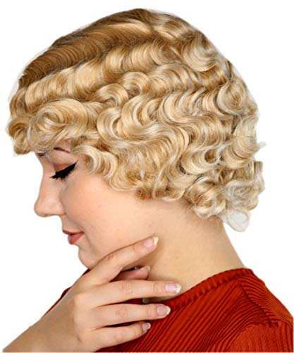 Prettyland Blond Damen Kurzhaar-Perücke mit Locken Retro Welle mit Seitenscheitel hell-blond gesträhnt C065