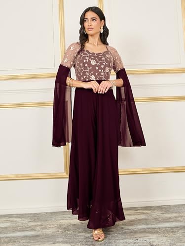 Image of Miss Chase Women's V-Neck Full Sleeve Self Design Lace-Overlaid Georgette Maxi Dress