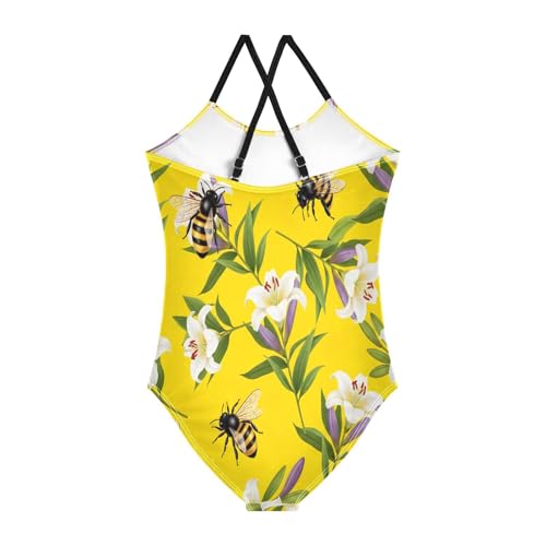 Bees White Lily Flowers Swimming Suit for Girls, Summer Beach Bathing Suits Girls, 3-102