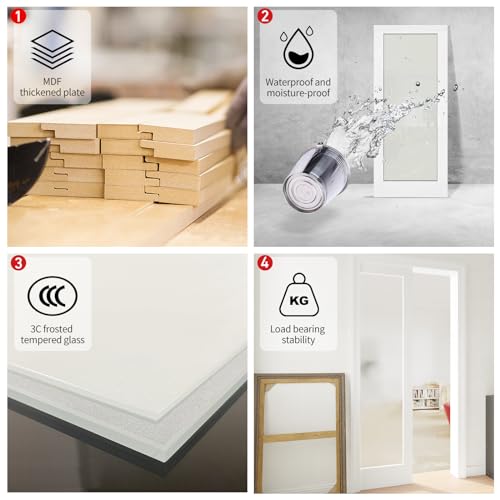 Image of 28 inch x 80 inch Sliding Pocket Door Kit, 1 Lite Frosted Glass Pantry Door with Panel and Frame, Interior & Closet Single Finished Door Slab, Interior Sliding Doors, White Primed